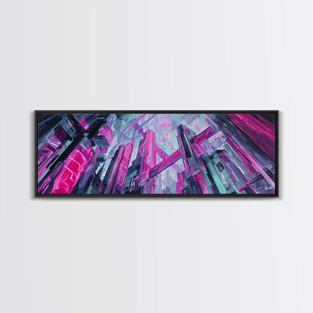 Neon Dragon Wrapped Around Skyscraper Shapes Canvas Print, Cyberpunk Art, Urban Wall Art, Living Room Decor, Abstract Art, Neon, CYB-3x1-6