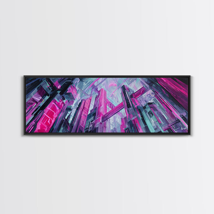Neon Dragon Wrapped Around Skyscraper Shapes Canvas Print, Cyberpunk Art, Urban Wall Art, Living Room Decor, Abstract Art, Neon, CYB-3x1-6