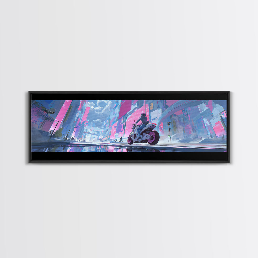 Motorcycle Rider under Holographic Signs Framed Canvas Print, Cyberpunk Art, Home Decor, Living Room Decor, Fine Art, Neon, CYB-3x1-68