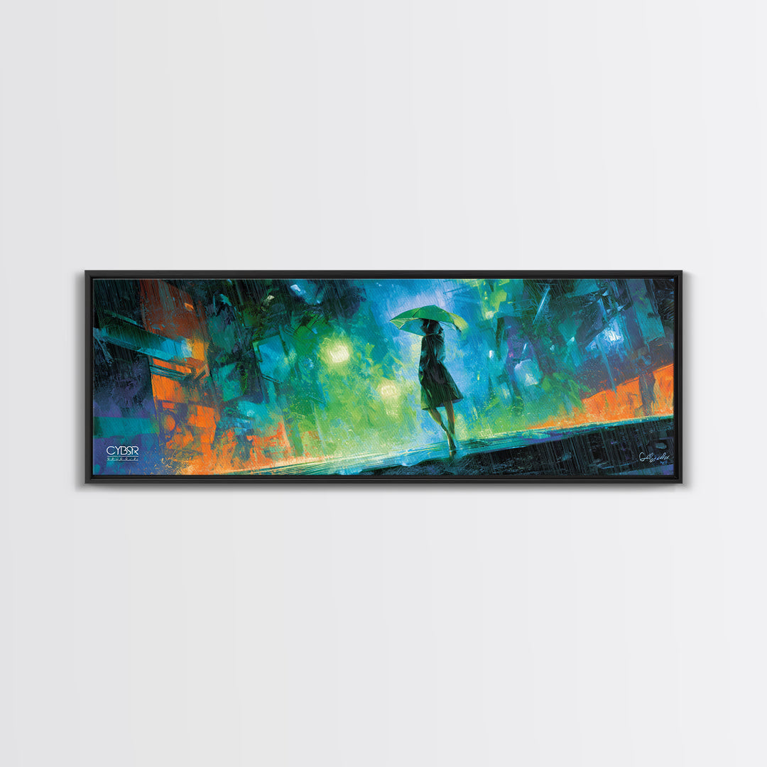 Glowing Umbrella Figure Framed Canvas Print, Cyberpunk Art, Statement Artwork, Living Room Decor, Fine Art, Neon, Art Print, CYB-3x1-7