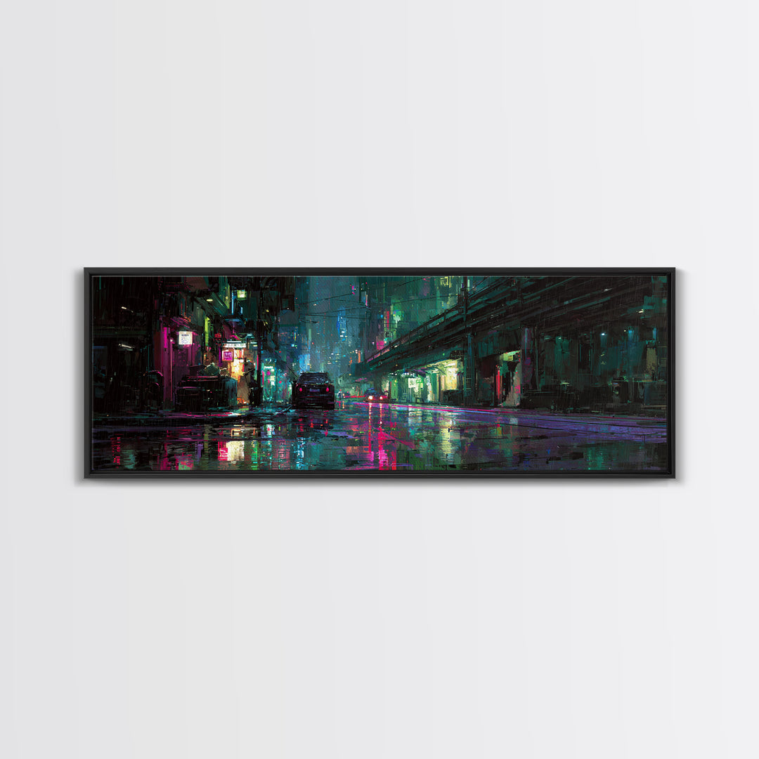 Rain Soaked Alley Framed Canvas Print, Cyberpunk Art, Poster, Living Room Decor, Fine Art, Neon, Modern Wall Art, Japanese Art, CYB-3x1-72