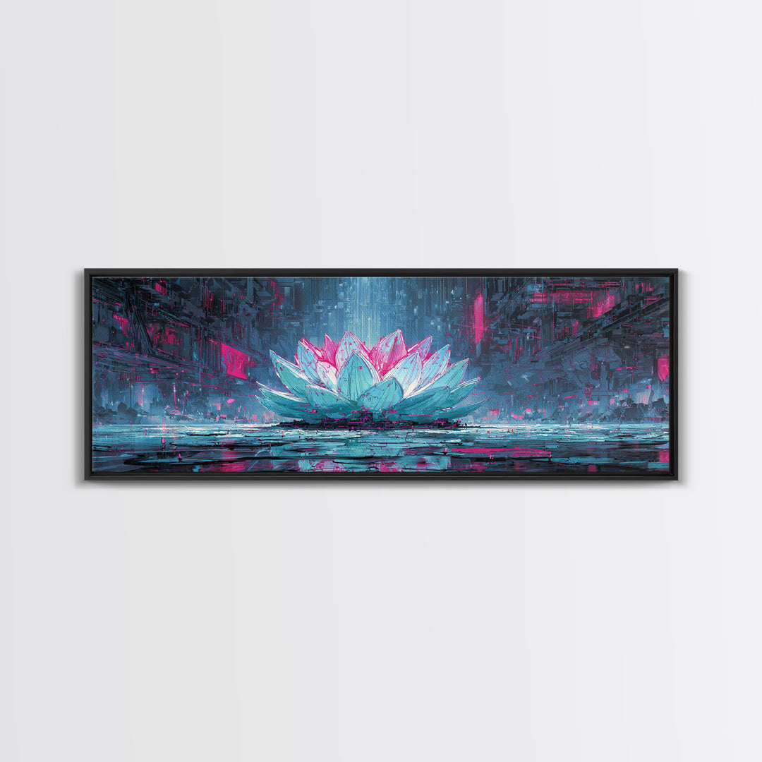 Electric Lotus Flower Framed Canvas Print, Cyberpunk Art, Cyberpunk Tarot, Living Room Decor, Watercolor Art, Neon, CYB-3x1-81
