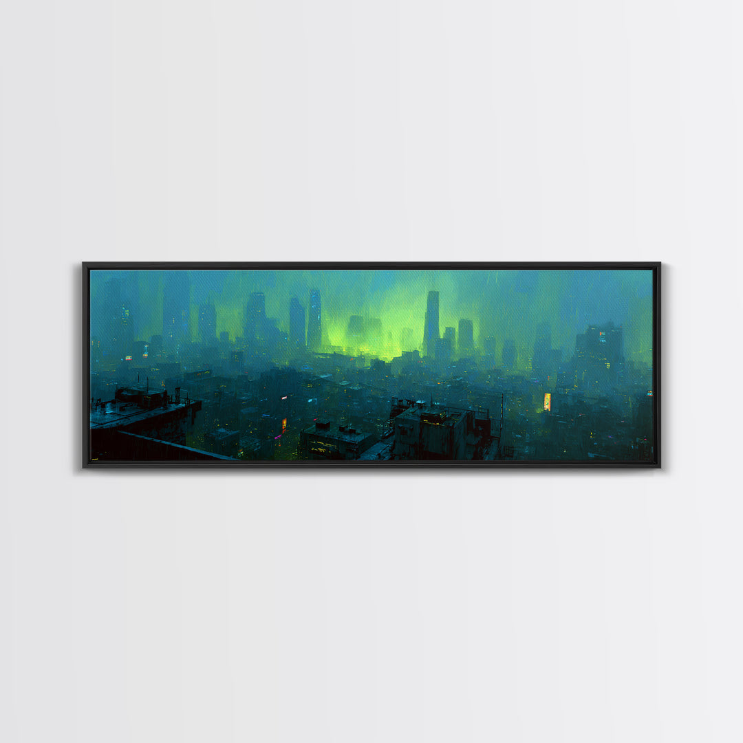 Dystopian Moon over Dense Rooftops Framed Canvas Print, Cyberpunk Art, Blue Wall Art, Living Room Decor, Fine Art, Neon, CYB-3x1-82