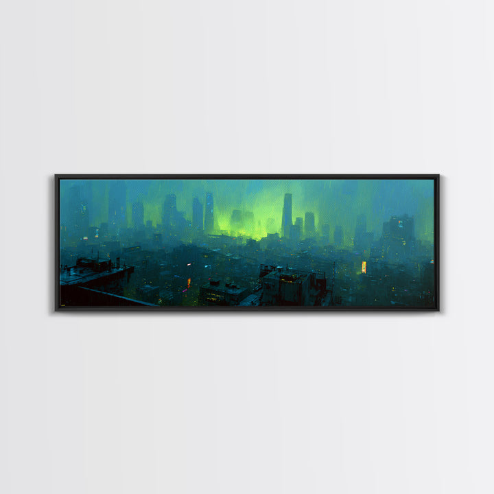 Dystopian Moon over Dense Rooftops Framed Canvas Print, Cyberpunk Art, Blue Wall Art, Living Room Decor, Fine Art, Neon, CYB-3x1-82