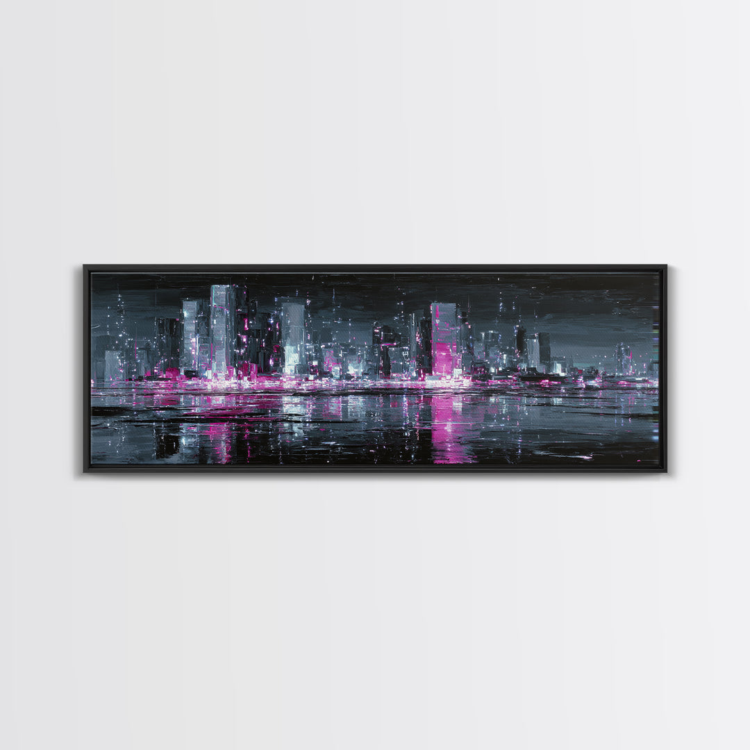 Neon Skyline Reflected Canvas Print, Cyberpunk Art, Japanese Art, Living Room Decor, Abstract Art, Neon, Cyberpunk Tarot, CYB-3x1-86