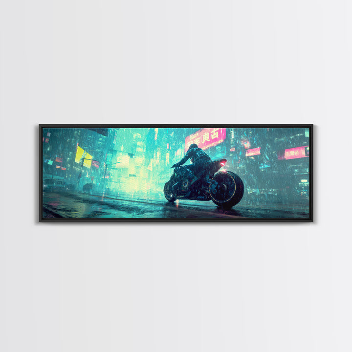 Motorcycle Rider under Holographic Signs Canvas Print, Cyberpunk Art, Printable Wall Art, Living Room Decor, Fine Art, Neon, CYB-3x1-92