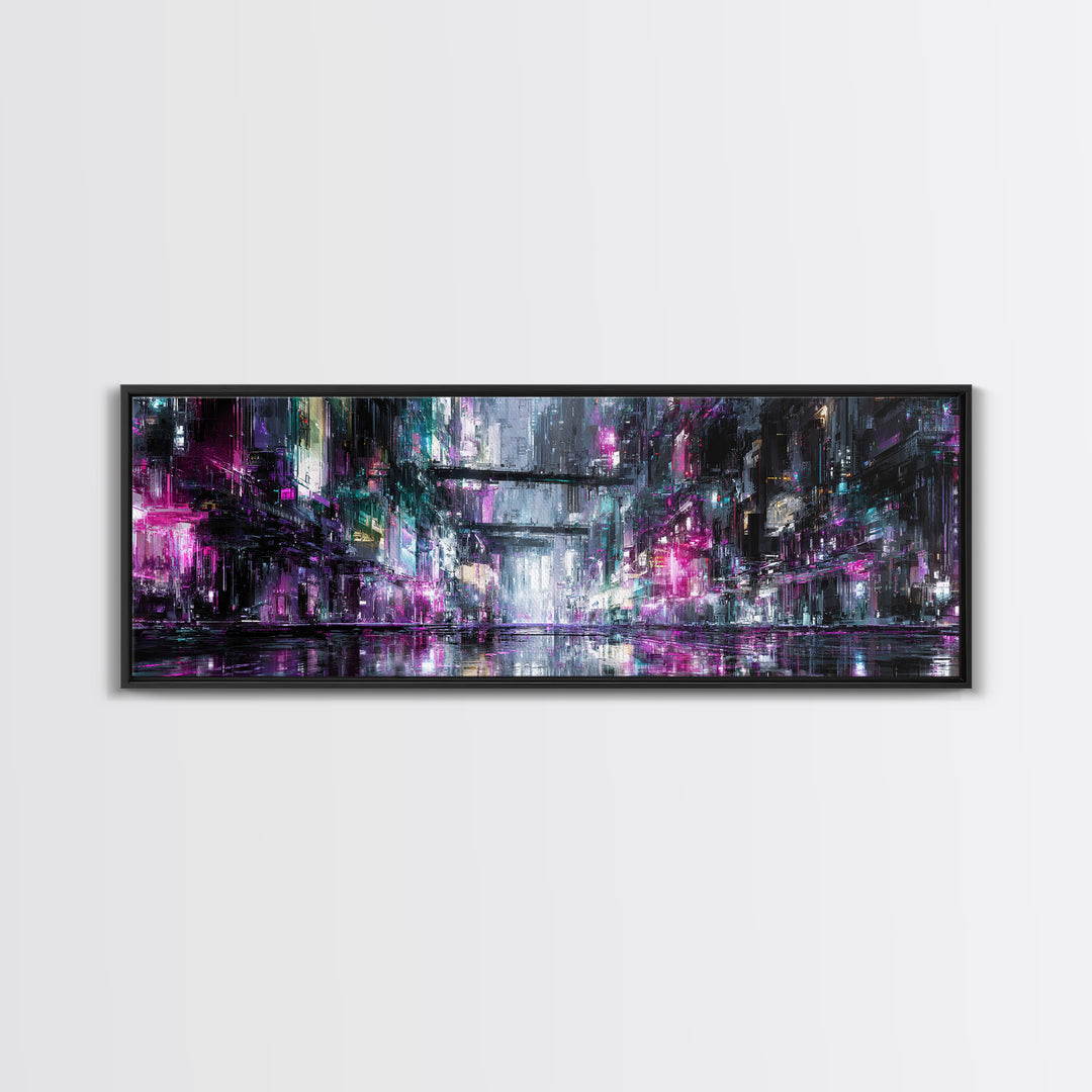Rain Soaked Alley Canvas Print, Cyberpunk Art, Textured Painting, Living Room Decor, Abstract Art, Neon, Digital Wall Art, CYB-3x1-96