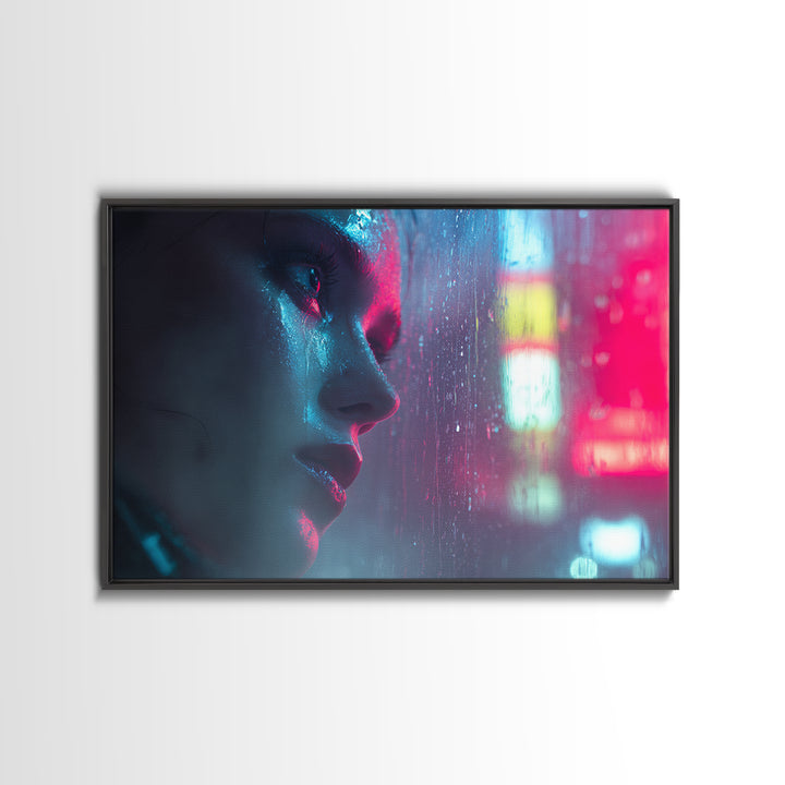 Ai Mask Portrait Framed Canvas Print, Cyberpunk Art, Wall Art, Living Room Decor, Oil Painting, Neon, Abstract Art, CYB-3x2-100