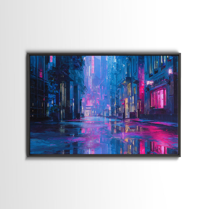 Rain Soaked Alley Canvas Print, Cyberpunk Art, Digital Art Print, Living Room Decor, Fine Art, Neon, Statement Artwork, CYB-3x2-12