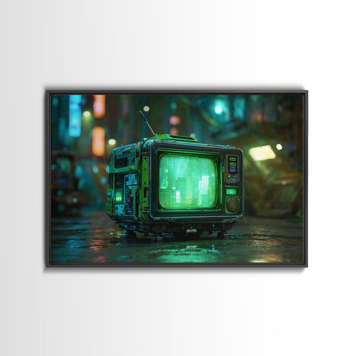 Retro Arcade Dystopia Framed Canvas Print, Cyberpunk Art, Abstract Art, Living Room Decor, Fine Art, Neon, Urban Wall Art, CYB-3x2-14