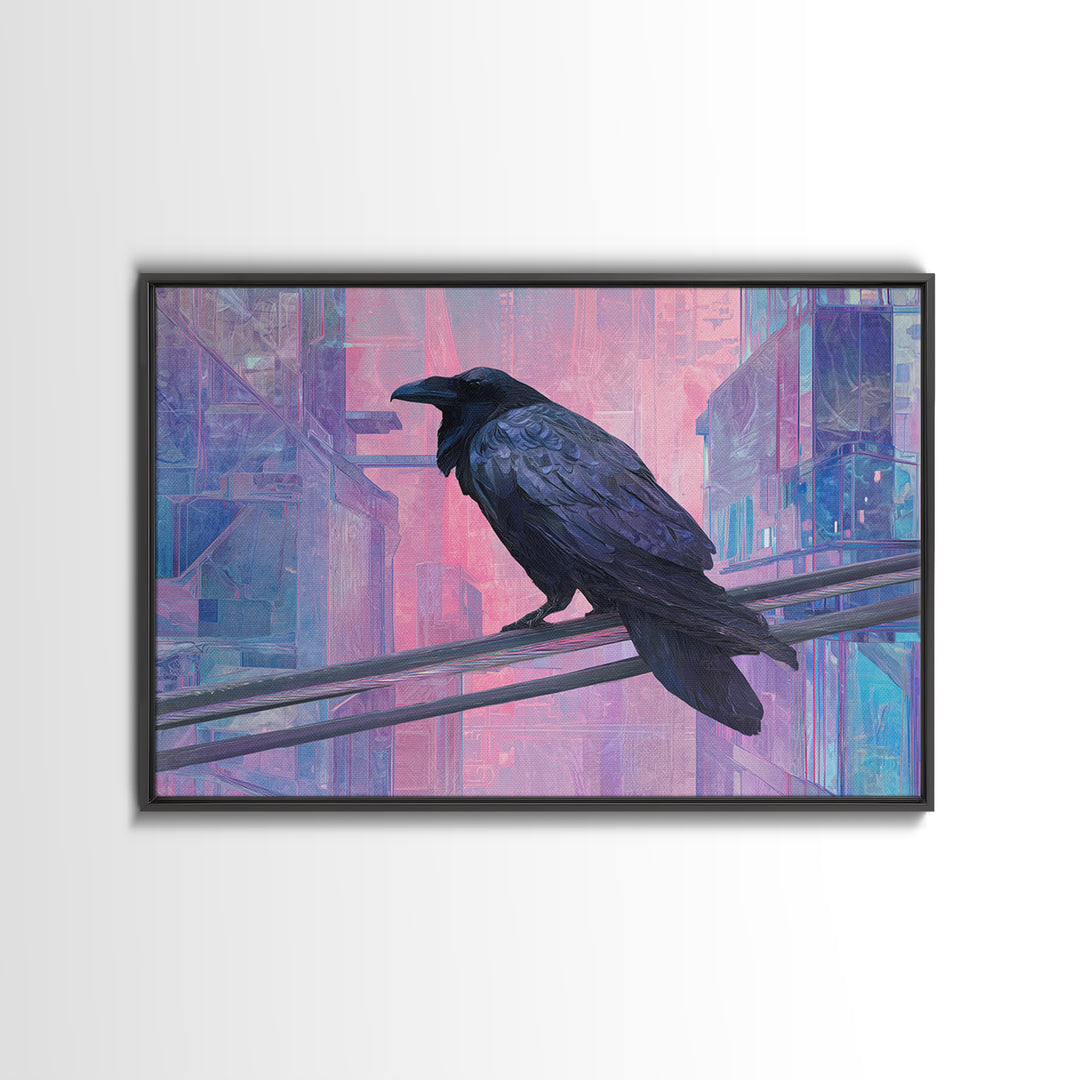 Cybernetic Raven Perched on a Cable Framed Canvas Print, Cyberpunk Art, Digital Download Art, Living Room Decor, Fine Art, Neon, CYB-3x2-15