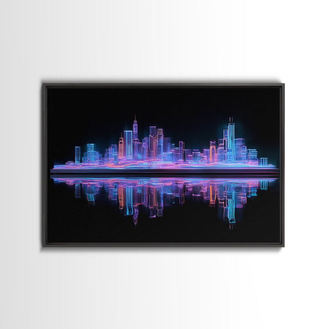 Neon Skyline Reflected Framed Canvas Print, Cyberpunk Art, Gothic Decor, Living Room Decor, Abstract Art, Neon, CYB-3x2-2