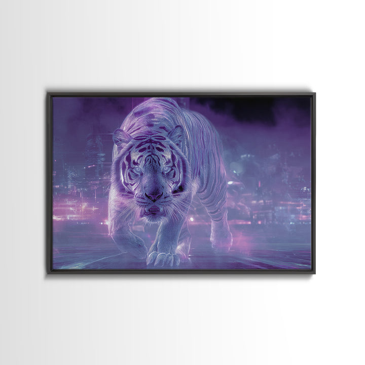 Neon Tiger Emerging from Digital Fog Canvas Print, Cyberpunk Art, Fantasy Art, Living Room Decor, Oil Painting, Neon, CYB-3x2-37