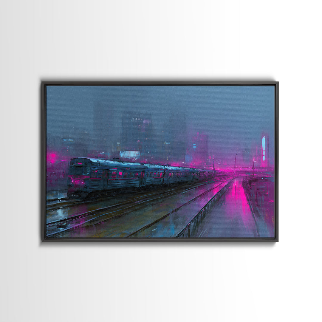 City Train Rushing Through Pink Electric Haze Canvas Print, Cyberpunk Art, Modern Wall Decor, Living Room Decor, Neon, CYB-3x2-41