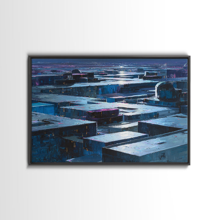 Dystopian Moon over Dense Rooftops Framed Canvas Print, Cyberpunk Art, Cyberpunk Decor, Living Room Decor, Fine Art, Neon, CYB-3x2-46