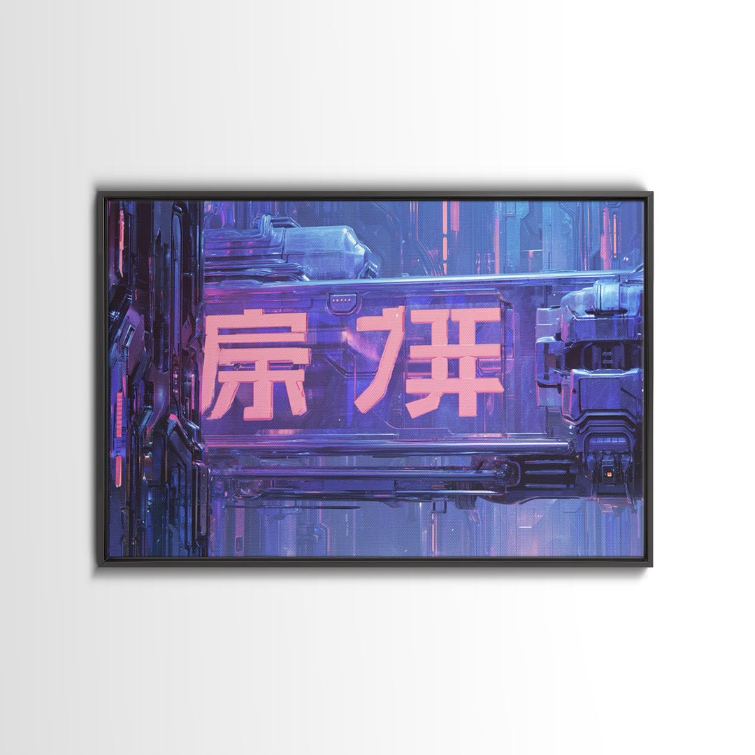 Glowing Kanji Shapes Canvas Print, Cyberpunk Art, Neutral Decor, Living Room Decor, Fine Art, Neon, Home Decor, Poster, CYB-3x2-49