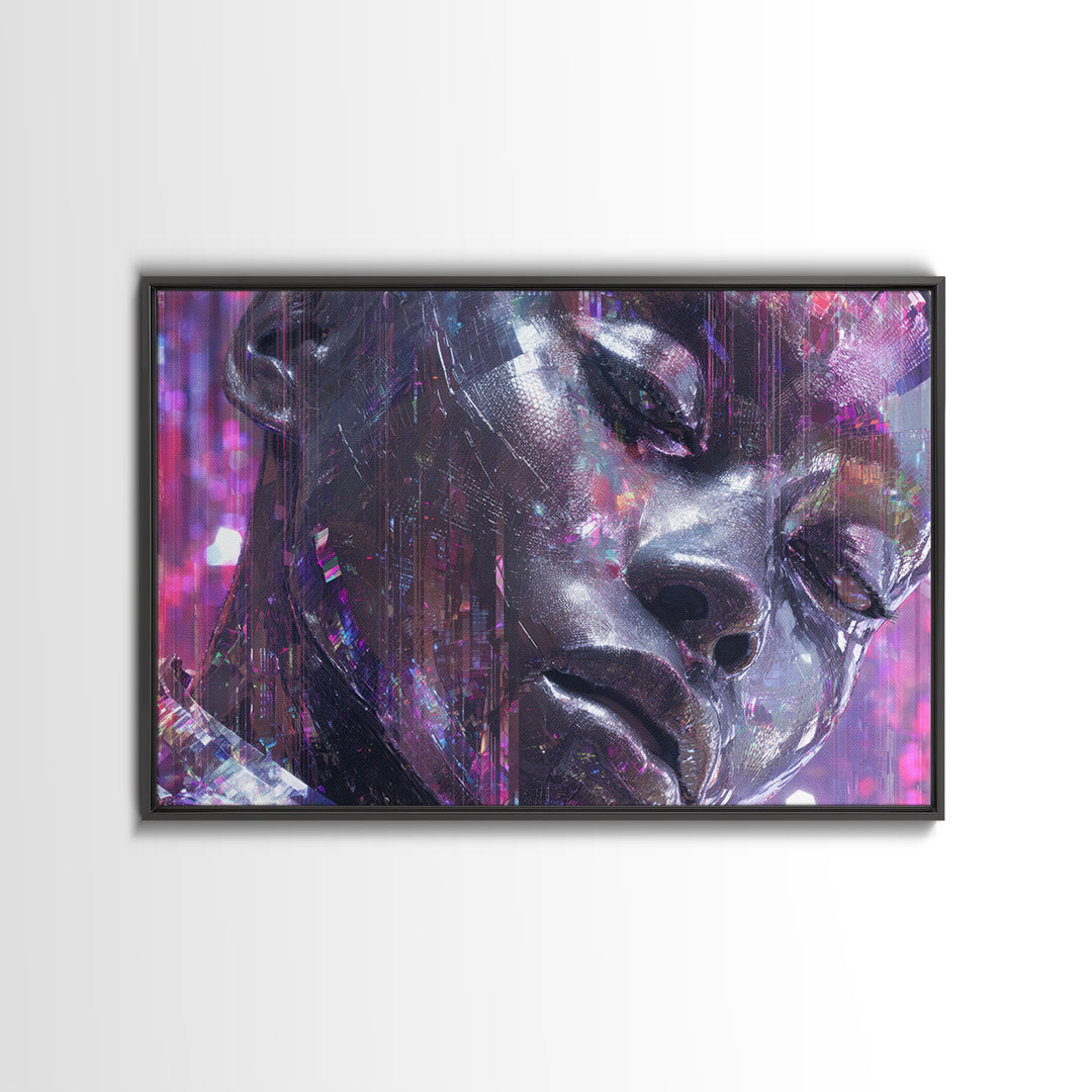 Ai Mask Portrait Canvas Print, Cyberpunk Art, Cyberpunk Helmet, Living Room Decor, Fine Art, Neon, Textured Painting, CYB-3x2-52