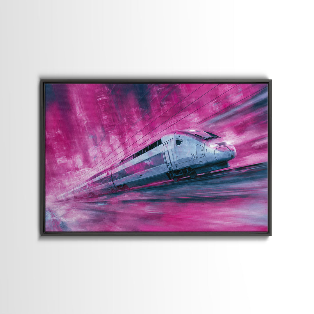 City Train Rushing Through Pink Electric Haze Canvas Print, Cyberpunk Art, Modern Wall Decor, Living Room Decor, Neon, CYB-3x2-65