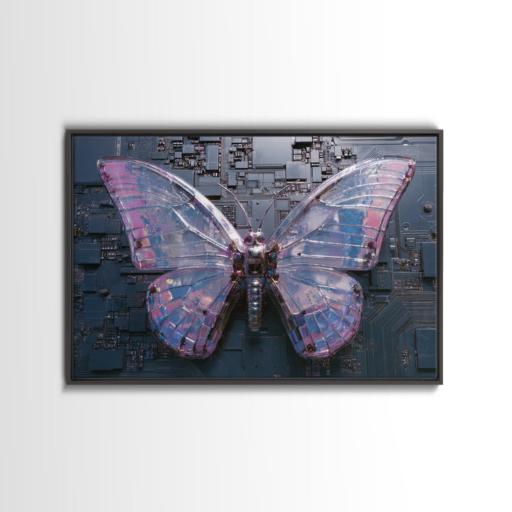Holographic Butterfly over Black Metal Surface Framed Canvas Print, Cyberpunk Art, Modern Wall Decor, Living Room Decor, Neon, CYB-3x2-71
