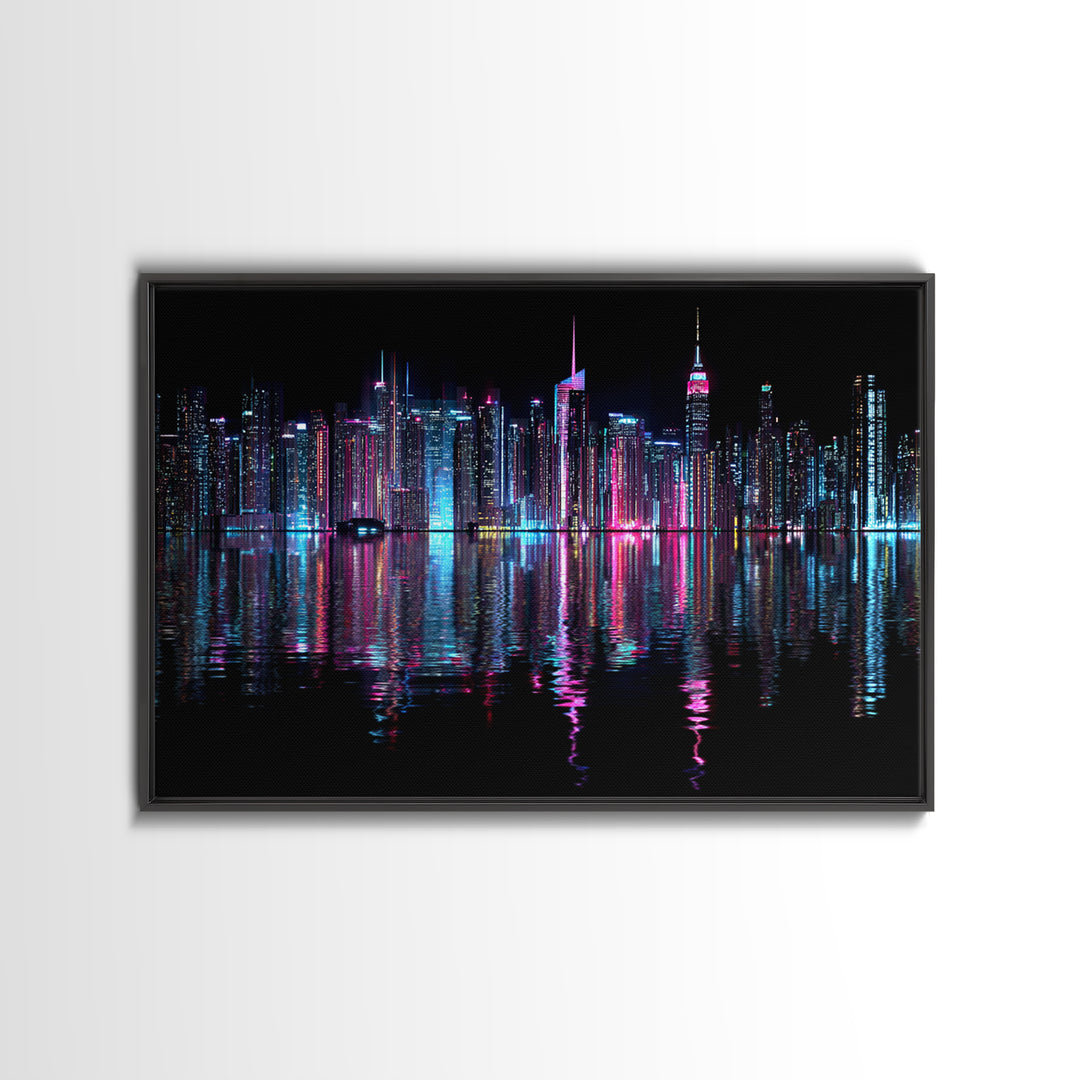 Neon Skyline Reflected Framed Canvas Print, Cyberpunk Art, Man Cave Decor, Living Room Decor, Fine Art, Neon, Fine Art Print, CYB-3x2-74