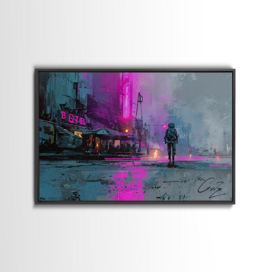 Astronaut Street Wanderer Canvas Print, Cyberpunk Art, Art Print, Living Room Decor, Neon, Blue Wall Art, Cool Wall Art, CYB-3x2-75