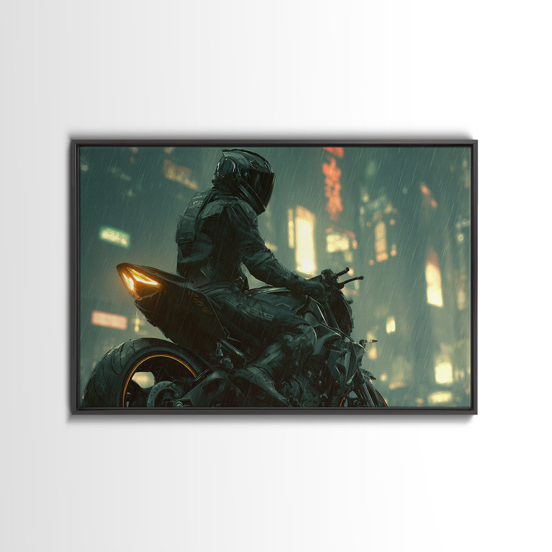Motorcycle Rider under Holographic Signs Framed Canvas Print, Cyberpunk Art, Home Decor, Living Room Decor, Fine Art, Neon, CYB-3x2-80