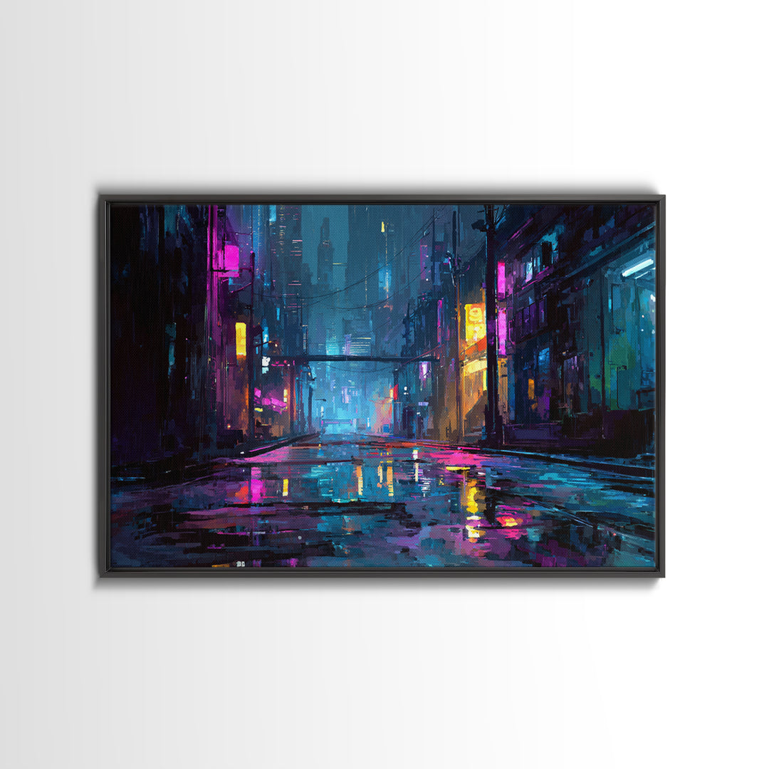 Rain Soaked Alley Canvas Print, Cyberpunk Art, Poster, Living Room Decor, Fine Art, Neon, Modern Wall Art, Japanese Art, CYB-3x2-84