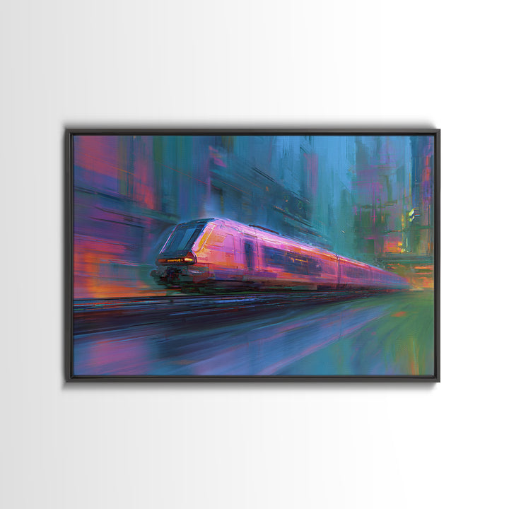 City Train Rushing Through Pink Electric Haze Canvas Print, Cyberpunk Art, Boho Decor, Living Room Decor, Oil Painting, Neon, CYB-3x2-89