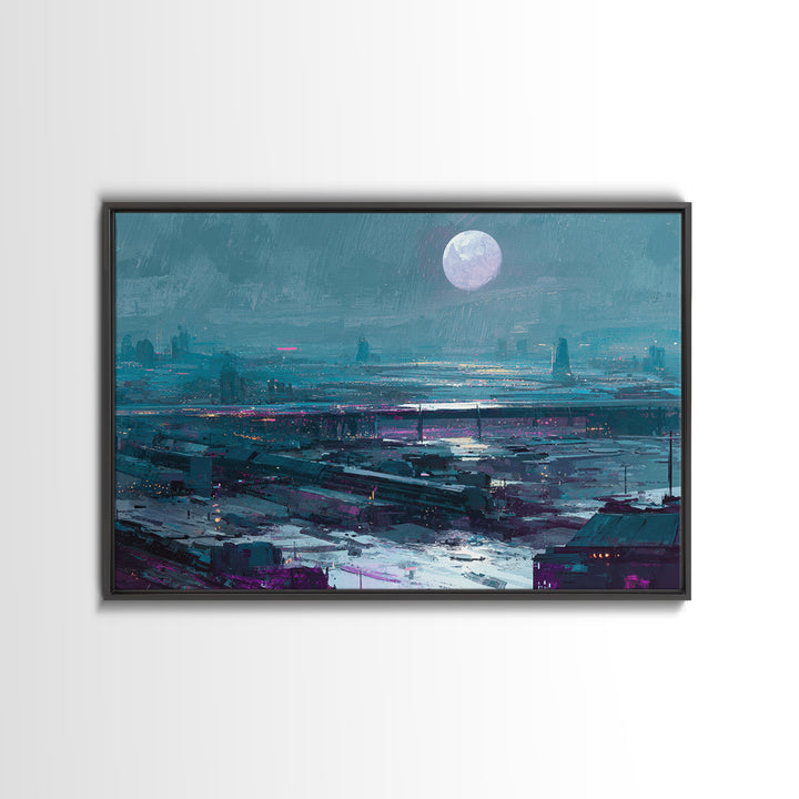 Dystopian Moon over Dense Rooftops Canvas Print, Cyberpunk Art, Cyberpunk Helmet, Living Room Decor, Abstract Art, Neon, CYB-3x2-94
