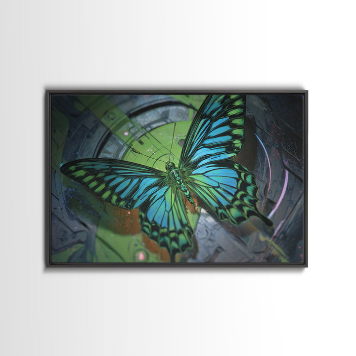 Holographic Butterfly over Black Metal Surface Framed Canvas Print, Cyberpunk Art, Gothic Decor, Living Room Decor, CYB-3x2-95