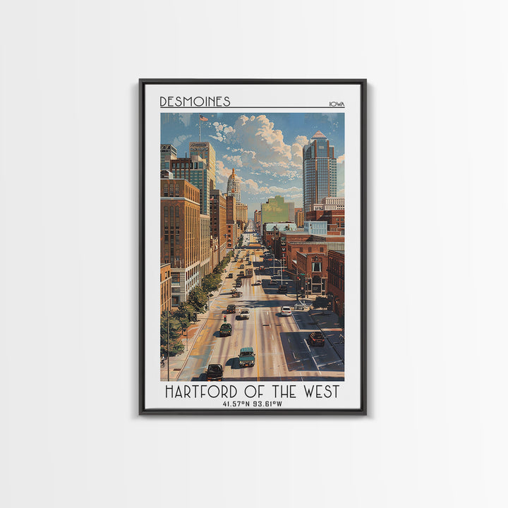 Des Moines Travel Poster, Framed Canvas Print, Travel Wall Decor, Minimalist Poster, Landscape Art, City Illustration, Travel Prints