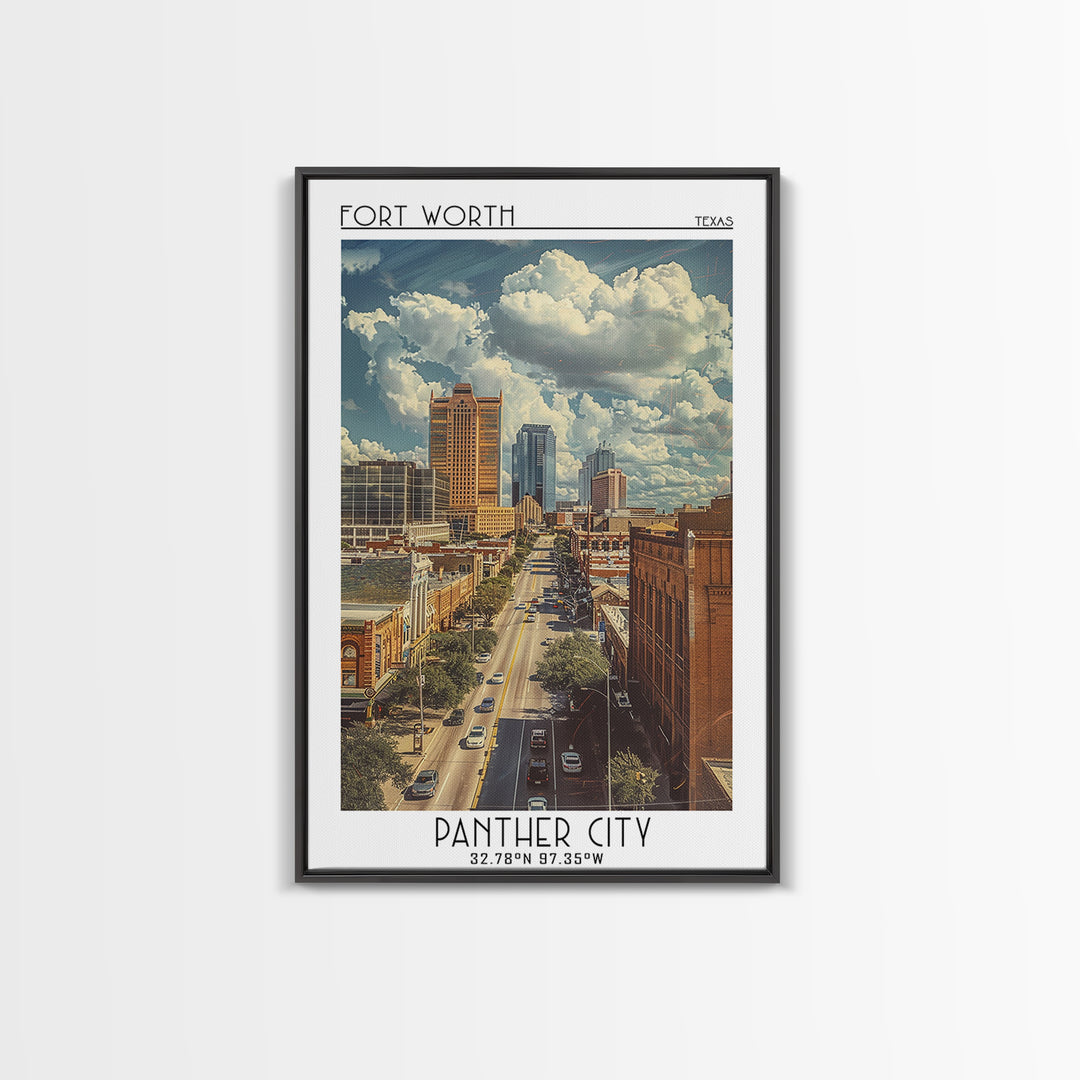 Fort Worth Travel Poster, Framed Canvas Print, Travel Wall Art, City Wall Art, Colorful Wall Art, City Illustration, Wanderlust Gift