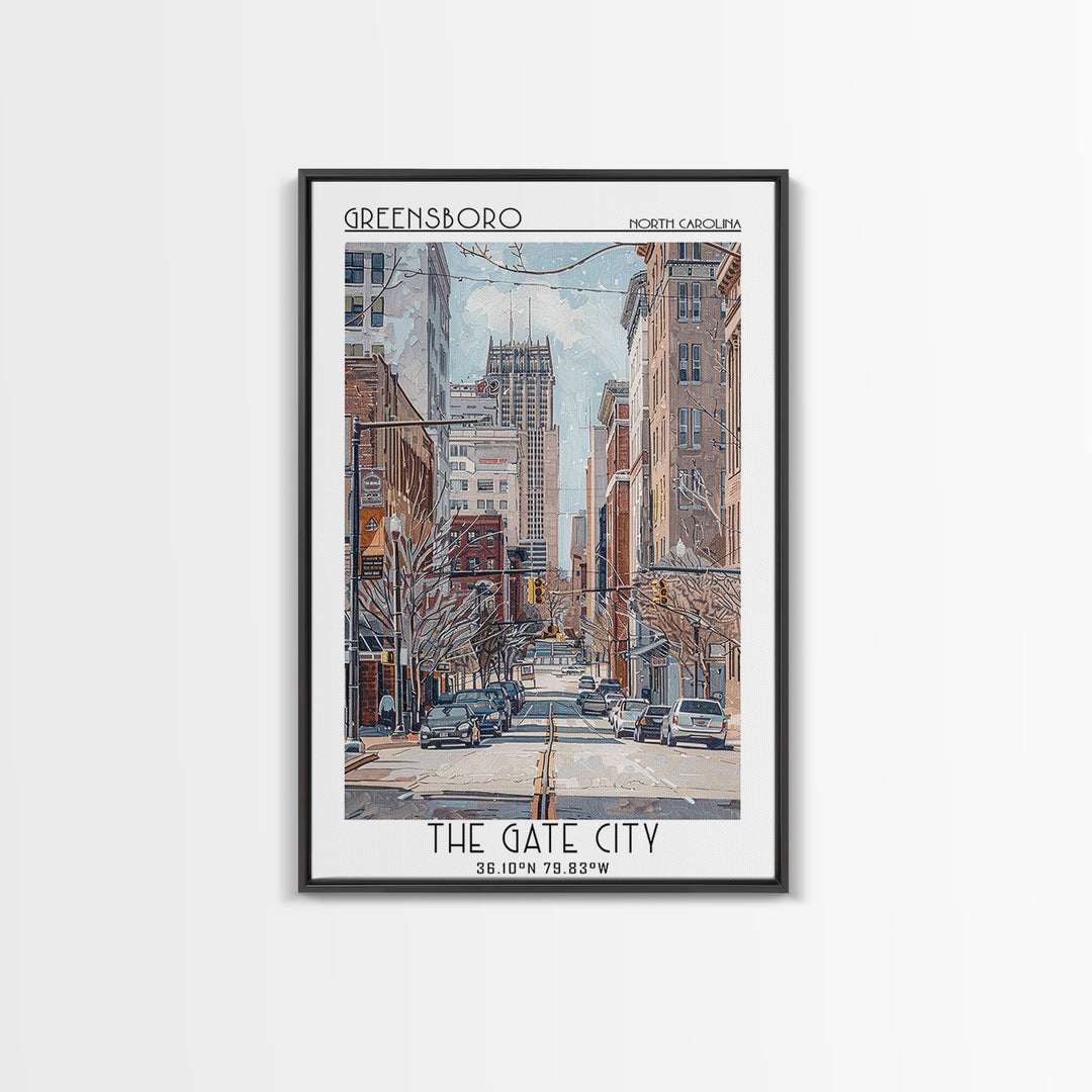 Greensboro Travel Poster, Framed Canvas Print, Retro Wall Art, Travel Print, Vintage Travel, Vintage Travel Print, City Illustration
