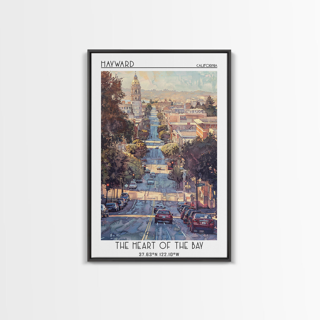 Hayward Travel Poster, Framed Canvas Print, City Travel Poster, Travel Wall Art, Retro Wall Art, Watercolor Cityscape, City Wall Art