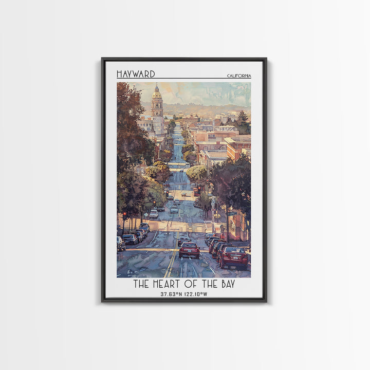 Hayward Travel Poster, Framed Canvas Print, City Travel Poster, Travel Wall Art, Retro Wall Art, Watercolor Cityscape, City Wall Art