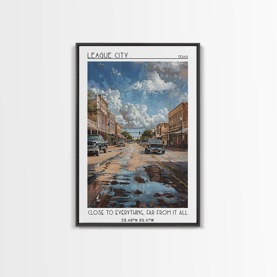 League City Travel Poster, Framed Canvas Print, Travel Art Print, Modern Wall Decor, Home Decor, Mid Century Wall Art, Landscape Art