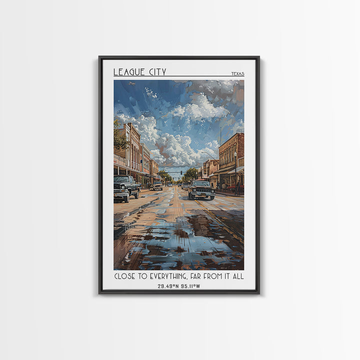 League City Travel Poster, Framed Canvas Print, Travel Art Print, Modern Wall Decor, Home Decor, Mid Century Wall Art, Landscape Art