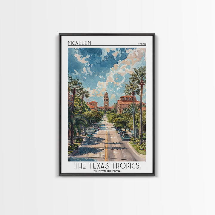 McAllen Travel Poster, Framed Canvas Print, Retro Travel Poster, City Wall Art, Modern Wall Decor, Retro Wall Art, Colorful Wall Art