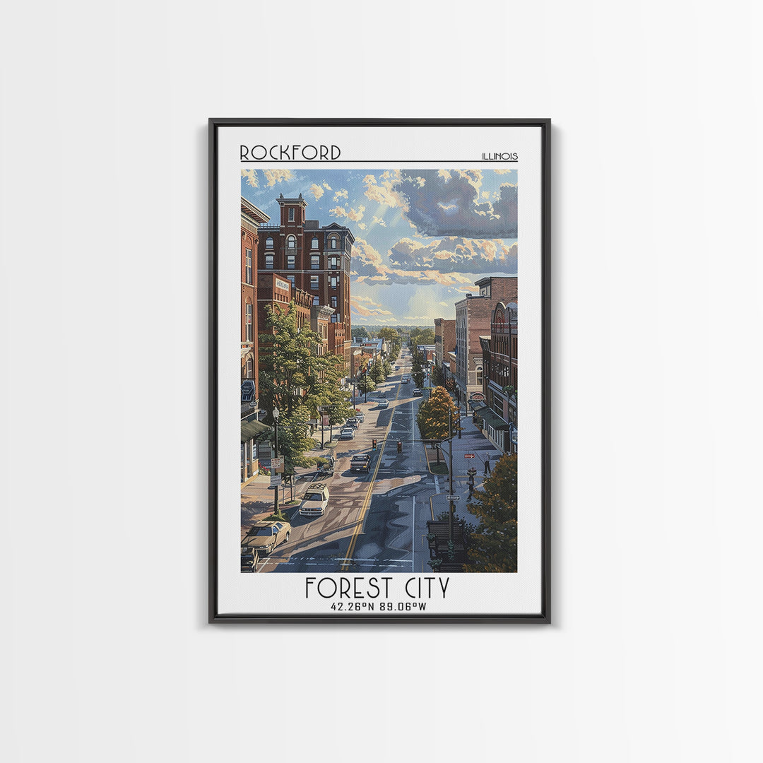 Rockford Travel Poster, Framed Canvas Print, Travel Wall Decor, Minimalist Poster, Travel Wall Art, Travel Prints, City Illustration