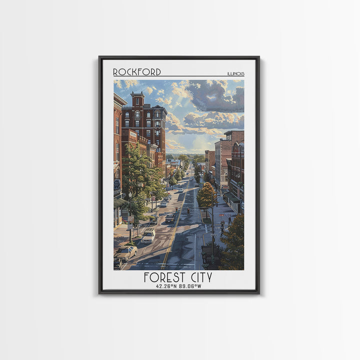 Rockford Travel Poster, Framed Canvas Print, Travel Wall Decor, Minimalist Poster, Travel Wall Art, Travel Prints, City Illustration