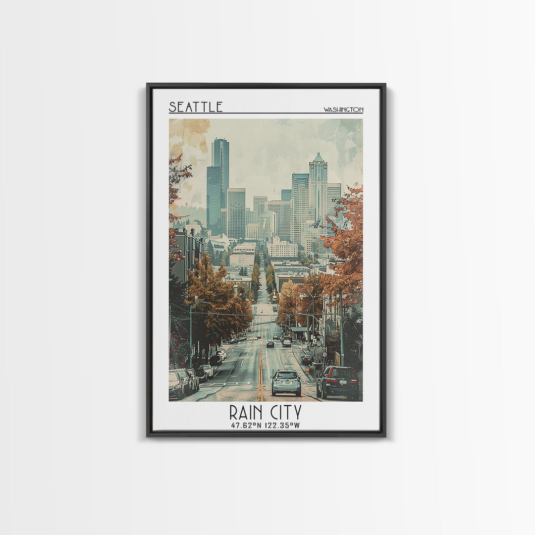 Seattle Travel Poster, Framed Canvas Print, Travel Wall Decor, Minimalist Poster, Landscape Art, Travel Posters, Retro Travel Poster