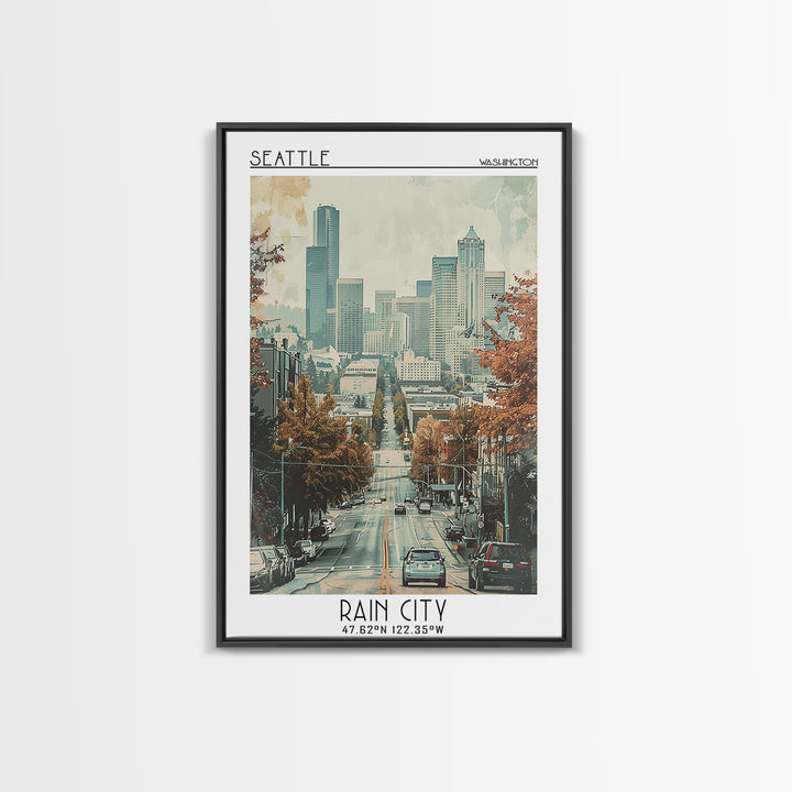 Seattle Travel Poster, Framed Canvas Print, Travel Wall Decor, Minimalist Poster, Landscape Art, Travel Posters, Retro Travel Poster
