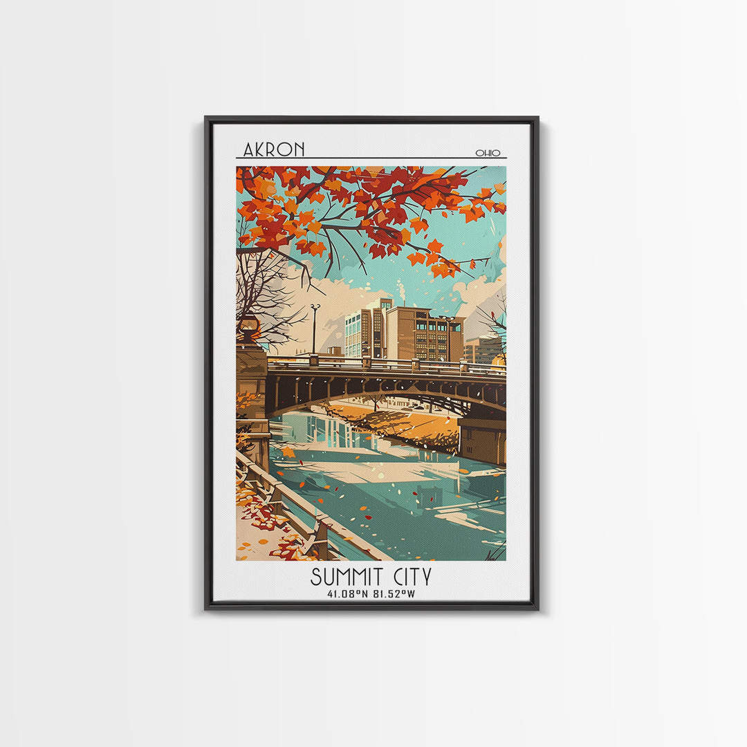 Akron Ohio Travel Poster, Framed Canvas Print, Retro Wall Art, Travel Print, Vintage Travel Print, Vintage City Poster, Poster Print