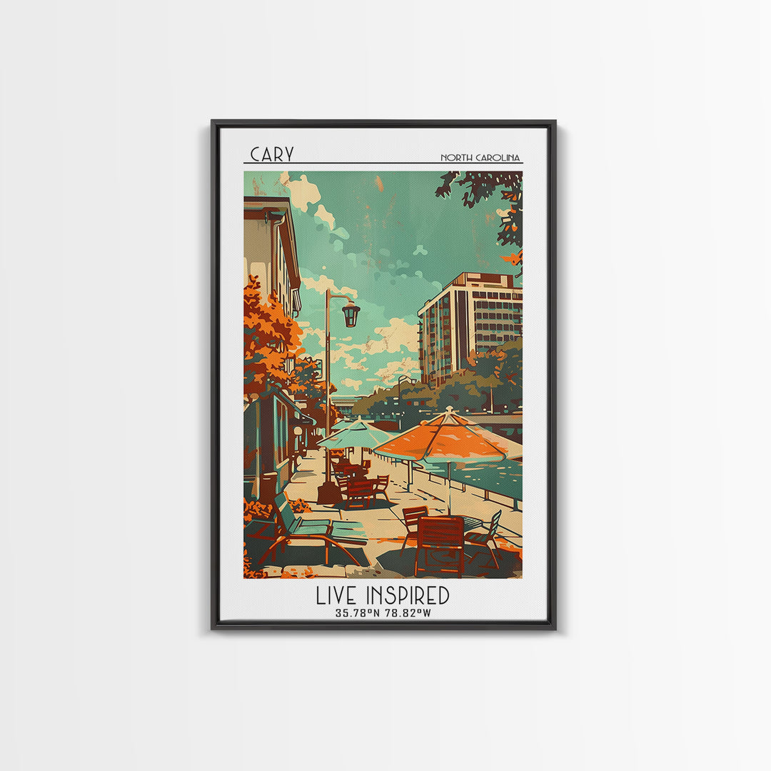 Cary North Carolina Travel Poster, Framed Canvas Print, Retro Wall Art, Travel Print, Art Print, Home Office Decor, Travel Art Print