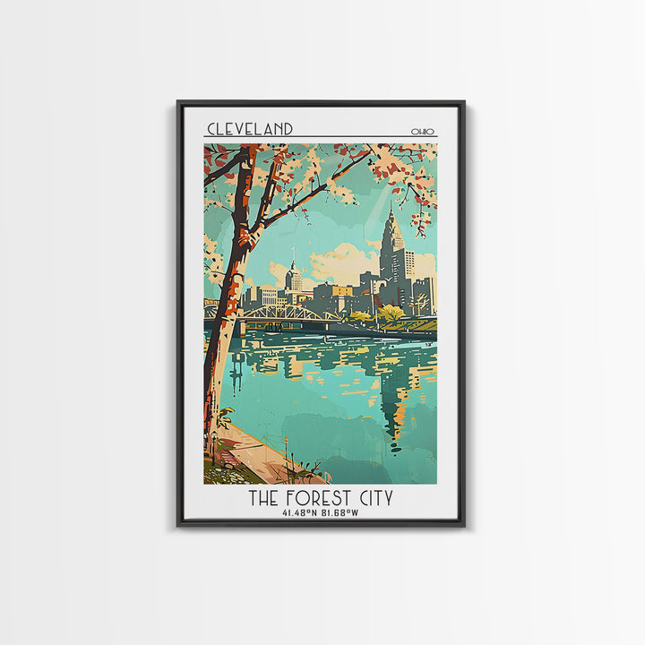 Cleveland Travel Poster, Framed Canvas Print, Travel Wall Decor, Minimalist Poster, Retro Wall Art, Travel Decor, Retro Travel Print