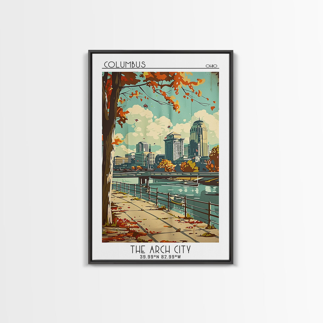Columbus Ohio Travel Poster, Framed Canvas Print, Travel Art Print, Modern Wall Decor, Colorful Wall Art, Wanderlust Gift, Art Print