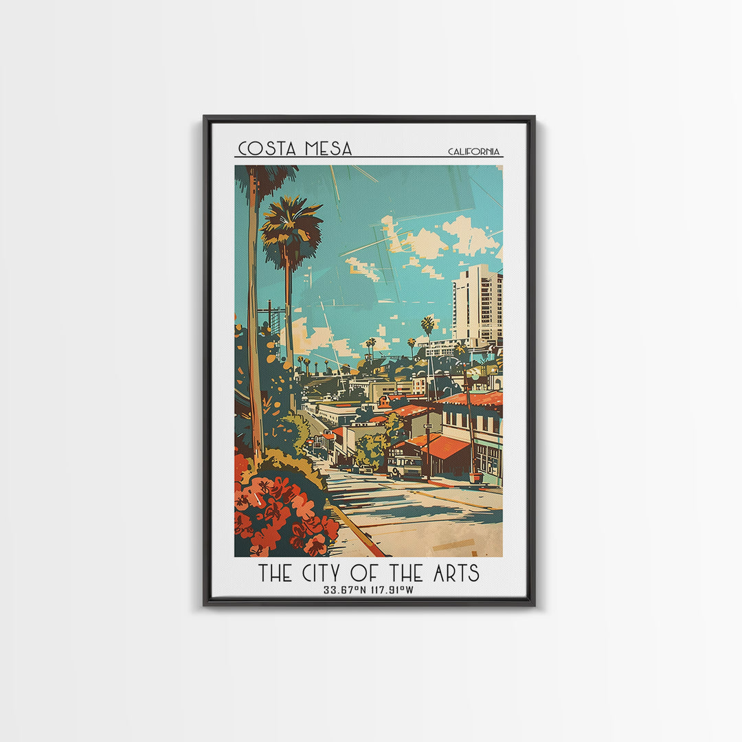 Costa Mesa California Travel Poster, Framed Canvas Print, Travel Prints, Landscape Art, Retro Wall Art, Art Print, City Illustration