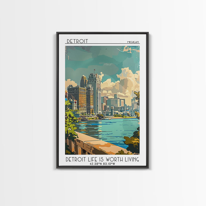 Detroit Michigan Travel Poster, Framed Canvas Print, Retro Travel Poster, City Wall Art, Travel Wall Art, Poster Print, Travel Decor