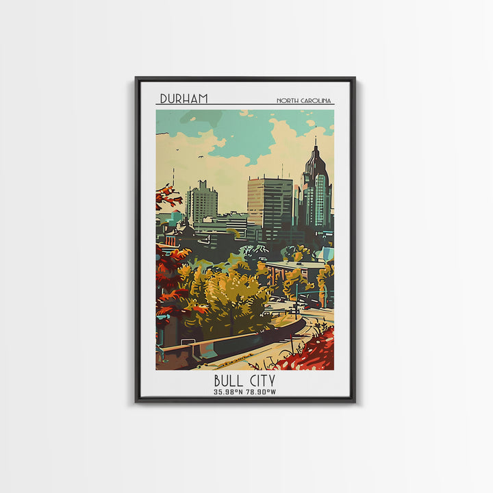 Durham Travel Poster, Framed Canvas Print, Travel Wall Art, City Wall Art, Watercolor Cityscape, Modern Wall Decor, Gallery Wall Set