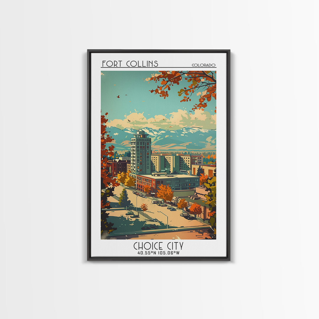 Fort Collins Travel Poster, Framed Canvas Print, Vintage Travel Print, City Wall Art, Vintage Posters, Travel Prints, City Art Print